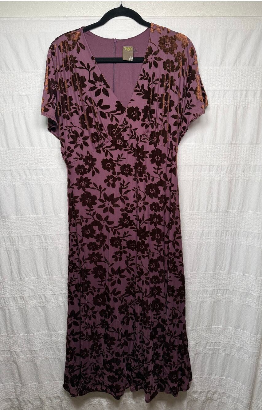 Taylor Floral Burnout Velvet Flutter Sleeve Midi Dress, Mauve Size 14